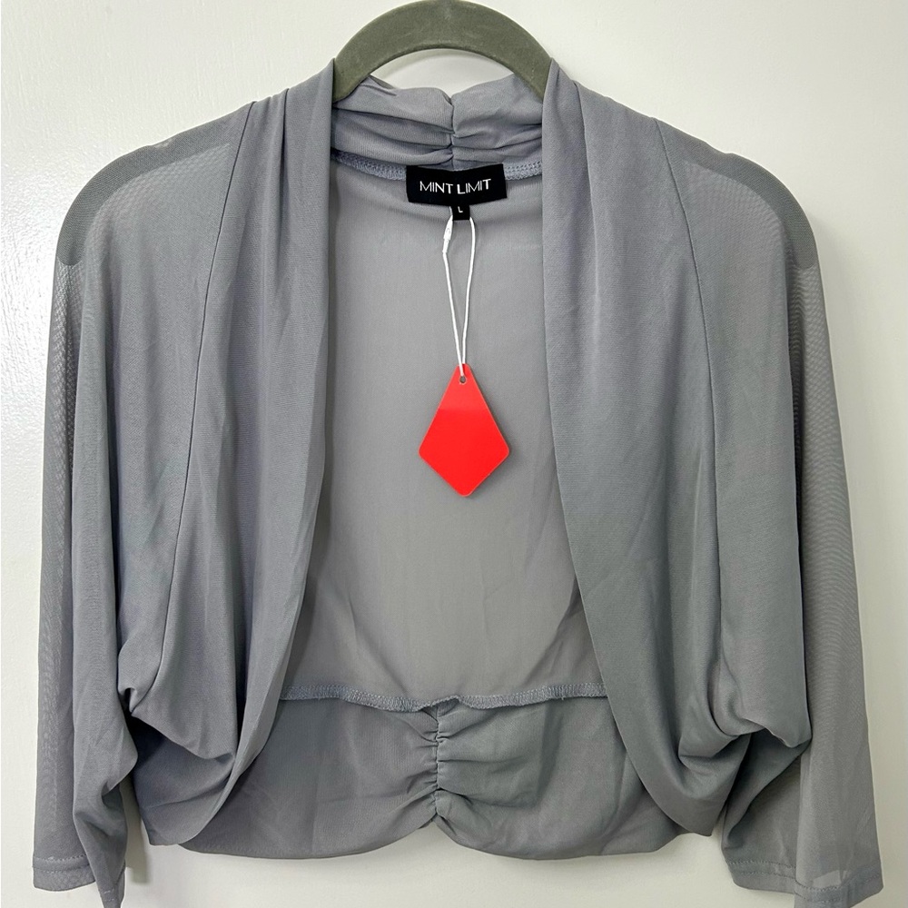 Mint Limit Sheer Gray Shrug Cardigan Cropped Sz Large NWT